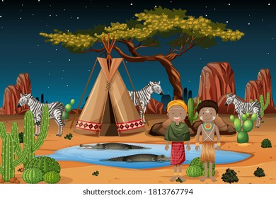 Ethnic people of African tribes in traditional clothing in nature background illustration