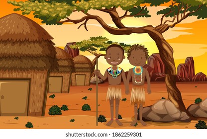 Ethnic people of African tribes in traditional clothing in nature background illustration