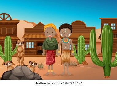 Ethnic people of African tribes in west background illustration