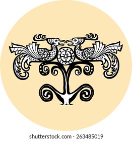 Ethnic phoenix birds totem hand drawn sketch decorative element isolated. Vector illustration.
