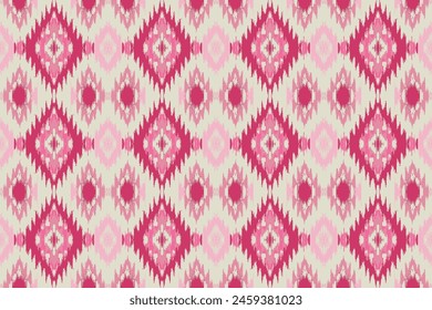 Arte de ikat abstracto de color rosa étnico. Patrón sin fisuras en estilo tribal, bordado popular y mexicano. Estampado de adorno de arte geométrico azteca. Diseño para alfombra, Fondo de pantalla, ropa, envoltura, tela, cubierta