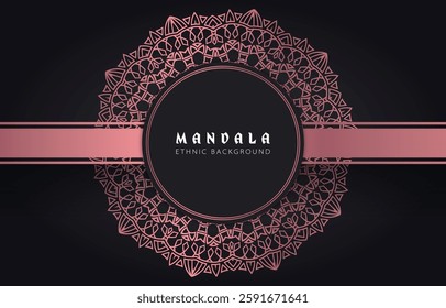 Ethnic pink mandala vintage pattern vector on black background, elegant metal red rose gold gradient floral ornament, luxury decorative flower texture art for invitation card poster flyer template