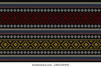Patrón de arte de pixeles étnicos, fondo tribal vectorial geométrico, estilo abstracto de moda de costura cruzada, ornamento de patrón rojo y negro, Diseño para textiles, tela, tela, impresión digital, suéter