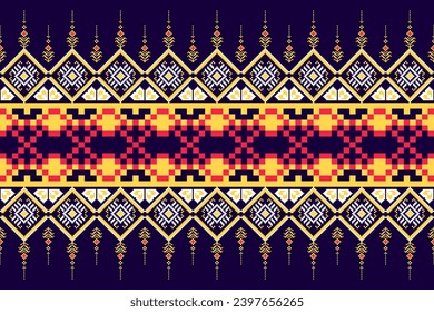Patrón de bordado de píxeles étnicos Fondo en rojo. Formas geométricas. Ilustración vectorial de gradiente rojo, azul oscuro y blanco para la impresión digital de alfombras, tejidos, almohadas, mantas, fondo