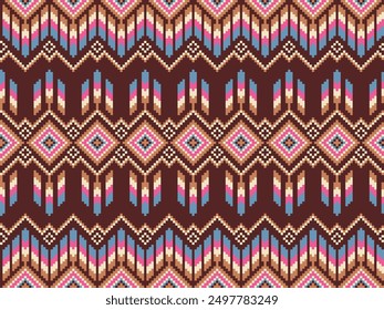 Ethnic pixel art. Seamless pattern. Cross stitch pattern. Design for fabric print, textile, clothing, sarong, scarf, batik, wrap, embroidery, curtain, carpet, rugs