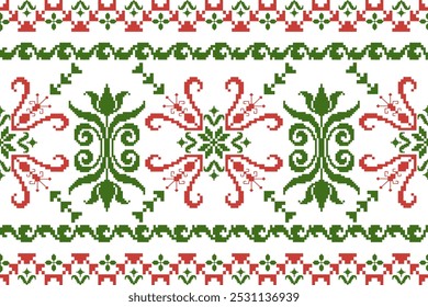 Ethnic pixel art. Seamless pattern. Cross stitch pattern. Design for fabric print, textile, clothing, sarong, scarf, batik, wrap, embroidery, curtain, carpet, rugs