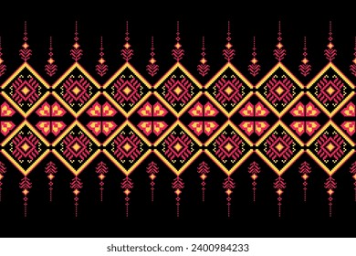 Ethnic pixel embroidery pattern, black background. Geometric shapes. Red, yellow, gradient vector illustration. Used for digital printing of carpets, cloth, pillows, blankets, backgrounds.