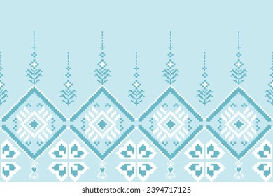 Ethnic pixel embroidery pattern, blue background light blue geometric shapes White gradient vector illustration, white used for digital printing of carpets, fabrics, pillows, blankets, backgrounds.