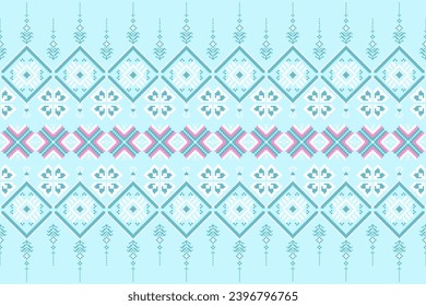 Patrón de bordado de píxel étnico, formas geométricas azul claro fondo azul gradiente blanco ilustración vectorial, blanco utilizado para la impresión digital de alfombras, tejidos, almohadas, mantas, fondos.