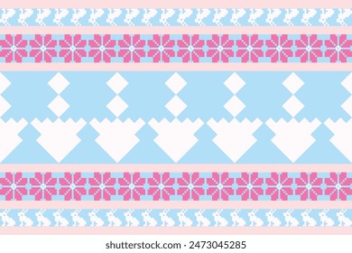 Ethnic pixel fabric pattern  a repeated band of small, intricate designs. These designs include star-like shapes and diamond patterns, typical of traditional embroidery or knitwear