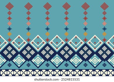 Ethnic pixel pattern geometric design with blue background. Motif Boho Retro Textile ikat Vector. Oriental seamless For Cloths, blanket, Carpet, Curtains, Decor 
