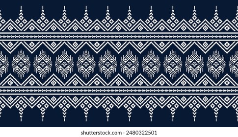 The ethnic pixel pattern on a dark blue background. The pattern is made up of repeating shapes, including diamonds, zigzags, and other geometric elements.