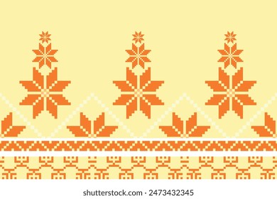 Ethnic pixel seamless fabric pattern t features a repeated band of small, detailed designs,diamond shapes.