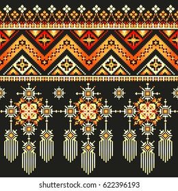 Ethnic pixel seamless pattern embroidery, traditional geometric design, fabric element of folk indian culture, vector illustration on black background