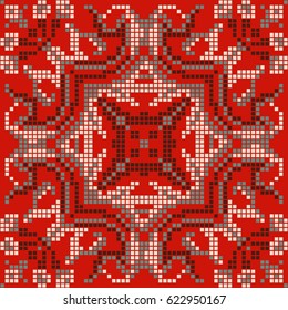 Ethnic pixel seamless pattern embroidery, traditional geometric design, fabric element of folk indian culture, vector illustration on black background