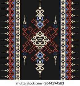 Ethnic Pixelated Geometric Border Design for Textiles