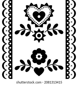 Vector étnico polaco largo vectorial sin costura patrón negro, adorno floral con corazones inspirados en el bordado tradicional de los montañeses Lachy Sadeckie - impresión textil o de tela. Papel de pared retro lindo