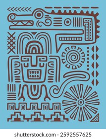 Ethnic poster. Abstract banner with ancient Aztec drawings, traditional tribal ornaments and symbols. Mexican pattern with lines and shapes in Navajo style. Hand drawn flat vector illustration