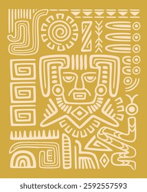 Ethnic poster. Abstract tribal cover in Navajo style with ancient Aztec drawings and ornaments. Pattern with geometric shapes. Design element for wall decoration. Hand drawn flat vector illustration