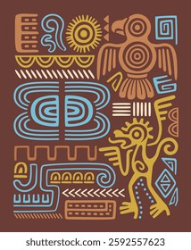 Ethnic poster. Colorful cover with abstract ancient Aztec or Mayan ornaments and tribal drawings in Navajo style. Traditional african pattern. Design for print. Hand drawn flat vector illustration
