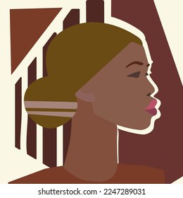 Ethnic poster with a profile of a woman on a background of geometric shapes.vertical, horizontal. Banner or poster 