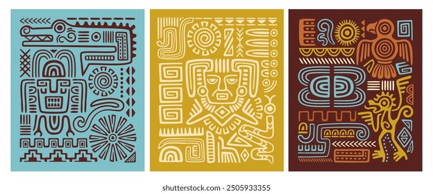 Ethnic posters set. Posters with ancient Aztec drawings, tribal ornaments and Navajo symbols. Design elements for interior. Hand drawn vector illustration collection isolated on white background