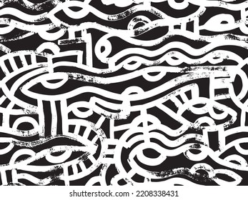 Ethnic, primitive, black and white, hand drawn with dry brush, seamless pattern. Can be used for a textile design, wrapping paper, wallpapers.