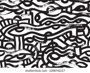 Ethnic, primitive, black and white, hand drawn with dry brush, seamless pattern. Can be used for a textile design, wrapping paper, wallpapers.