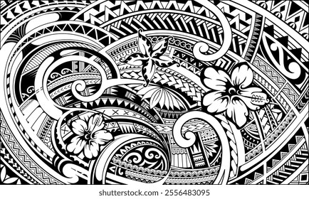 Ethnic print design for fabric with Polynesian style ornaments and native motives