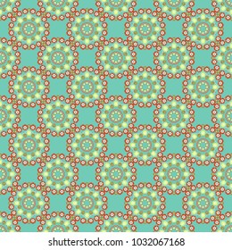 Ethnic print for fabric. Patchwork seamless pattern. Indian, Arabic, Moroccan motives in green, yellow and magenta colors. Vector stylized abstract flowers and Mandalas.
