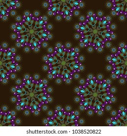 Ethnic print for fabric. Patchwork seamless pattern. Indian, Arabic, Moroccan motives in purple, brown and green colors. Vector stylized abstract flowers and Mandalas.