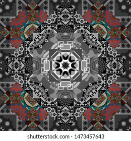 Ethnic print for fabric. Patchwork seamless pattern. Vector stylized abstract flowers and Mandalas. Indian, Arabic, Moroccan motives in gray, pink and blue colors.