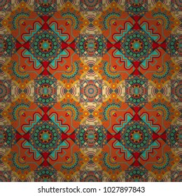 Ethnic print for fabric. Vector stylized abstract flowers and Mandalas. Patchwork seamless pattern. Indian, Arabic, Moroccan motives in blue, yellow and orange colors.