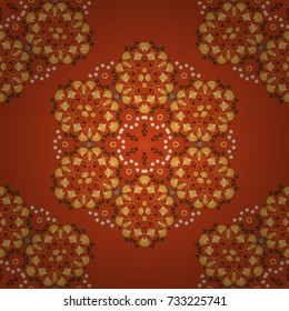 Ethnic print for fabric. Vector stylized abstract flowers and Mandalas. Patchwork seamless pattern. Indian, Arabic, Moroccan motives in beige, orange and brown colors.