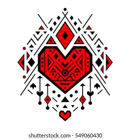 Ethnic print with geometric ornament and hearts. Mexican, peru and aztec native pattern. Graphic element for valentine day card. Love and romantic tribal. Vector illustration in black and red colors