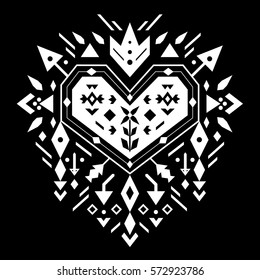 Ethnic print with geometric ornament and hearts. Mexican, peru and aztec native pattern. Graphic element for valentine day card. Love and romantic tribal. Vector illustration in black and white colors