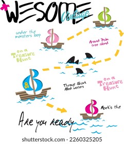 ethnic print pattern consisting of colorful texts and sailboat figures suitable for textiles, white background