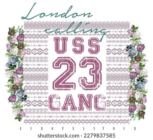 ethnic print pattern consisting of text, numbers and flowers suitable for textile, white back pattern