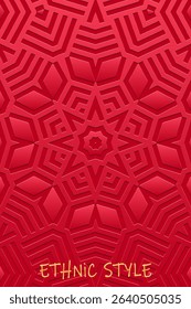 Ethnic red background, cover design, banner, tribal wallpaper. Geometric original 3D pattern, embossing. Relief ornaments, arabesques, mandala, fresco of the East, Asia, India, Mexico, Aztec, Peru.