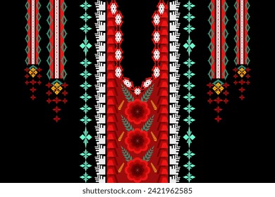 Forma geométrica floral de color rojo étnico, patrón de bordado de neckline tradicional. Diseño de lujo nativo azteca para tela, elementos de cuello, collar, decoración de borde, decoración, ropa, impresión, adornos