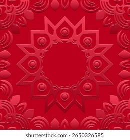Fundo vermelho lórem étnico, capa de design tribal, banner, papel de parede. Padrão boho antigo original geométrico, gravação, 3D. Ornamentos, arabescos, mandala, afresco do Oriente, Ásia, Índia, México, Asteca.