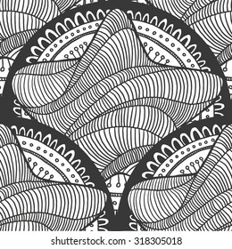 Ethnic retro doodle background pattern circle with star in the middle, seamless, black and white, vector