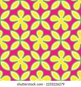 Ethnic Retro Geometric Florals Tile Style Punchy Vector Background Seamless Pattern Cute Trendy Fashion Colors Perfect for Allover Fabric Print and Wrapping Paper Fuchsia Green Yellow Tones