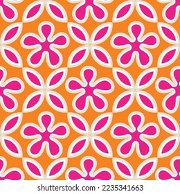 Стоковое векторное изображение: Ethnic Retro Geometric Florals Tile Style Punchy Vector Background Seamless Pattern Cute Trendy Fashion Colors Perfect for Allover Fabric Print and Wrapping Paper Bright Orange Fuchsia Tones