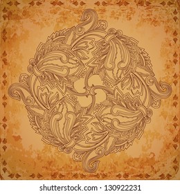 Ethnic round design element on grunge texture. EPS10 blend mode used