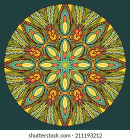 Ethnic round element. Design element with abstract bright ethnic round pattern. Tribal mandala in stained glass style. Symmetric ornament. Vector file is EPS8, all elements are grouped by colors.