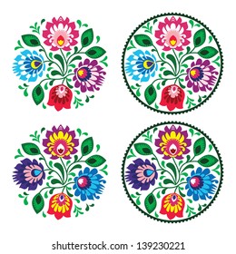 Ethnic round embroidery with flowers - traditional vintage pattern from Poland