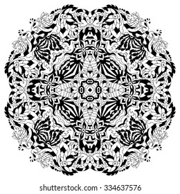 Ethnic round flower ornament. Hand drawn mandala. Henna mehndi design element. Orient traditional background. Lace circular ornament.  Ethnic, Indian, Islamic, Asian, ottoman, Arabic  motif. Vector.