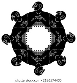 Ethnic round frame or with ancient Sumerian men. King of Lagash. Black and white negative silhouette.
