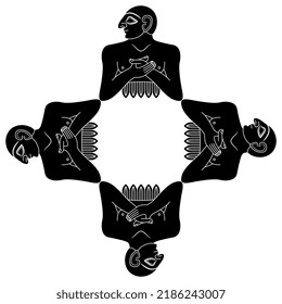 Ethnic round frame or square cross design with ancient Sumerian men. King of Lagash. Black and white negative silhouette.